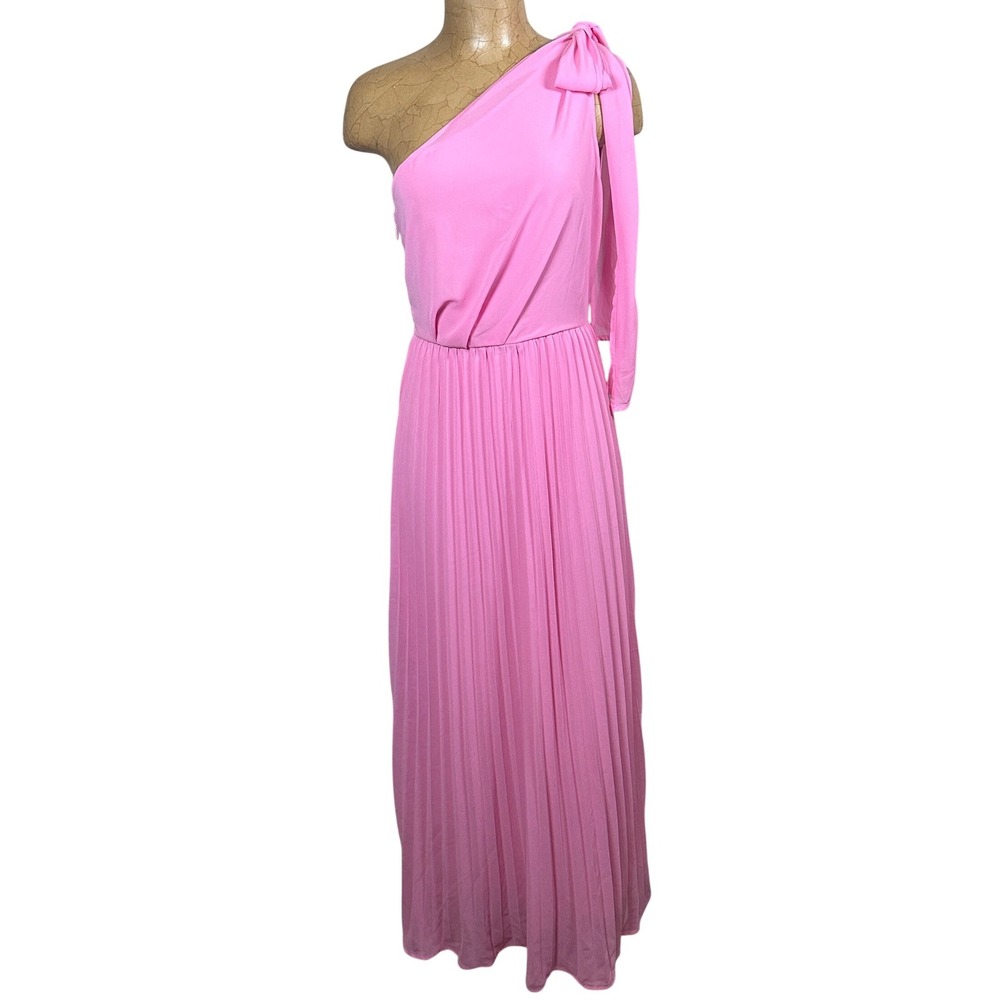 Pink One Shoulder Pleated Maxi Dress Women Small Barbiecore Formal Wedding Guest